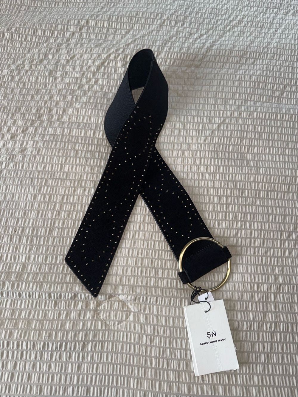 NWT Something Navy Black Leather Studded Elastic Ring Wide Belt XS/S